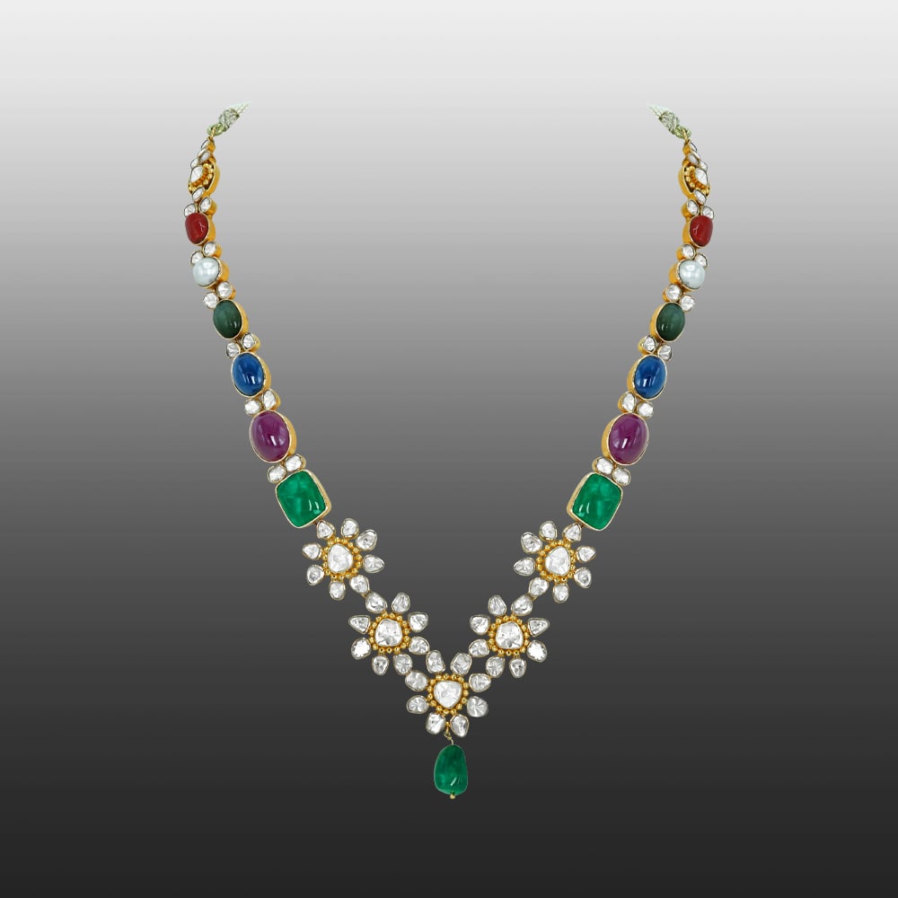 Navaratan Floral Necklace with Polkis, Emeralds, Rubies, and Pearls